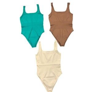 OQQ Womens 3 Piece Bodysuits Ribbed Square Neck Tank Tops Coffee Green Beige XL